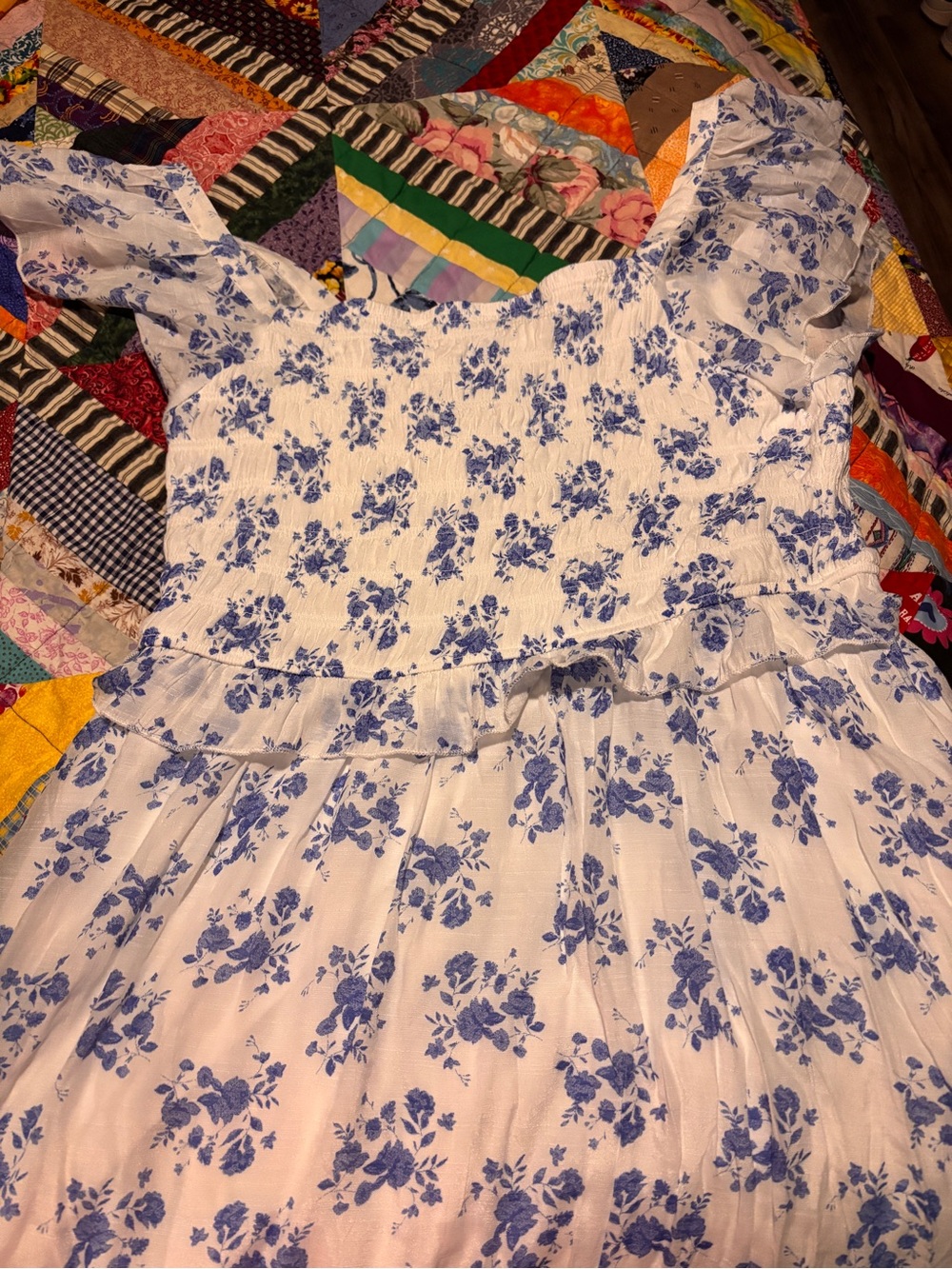 White Dress with Blue Floral Print and Smocked Bodice